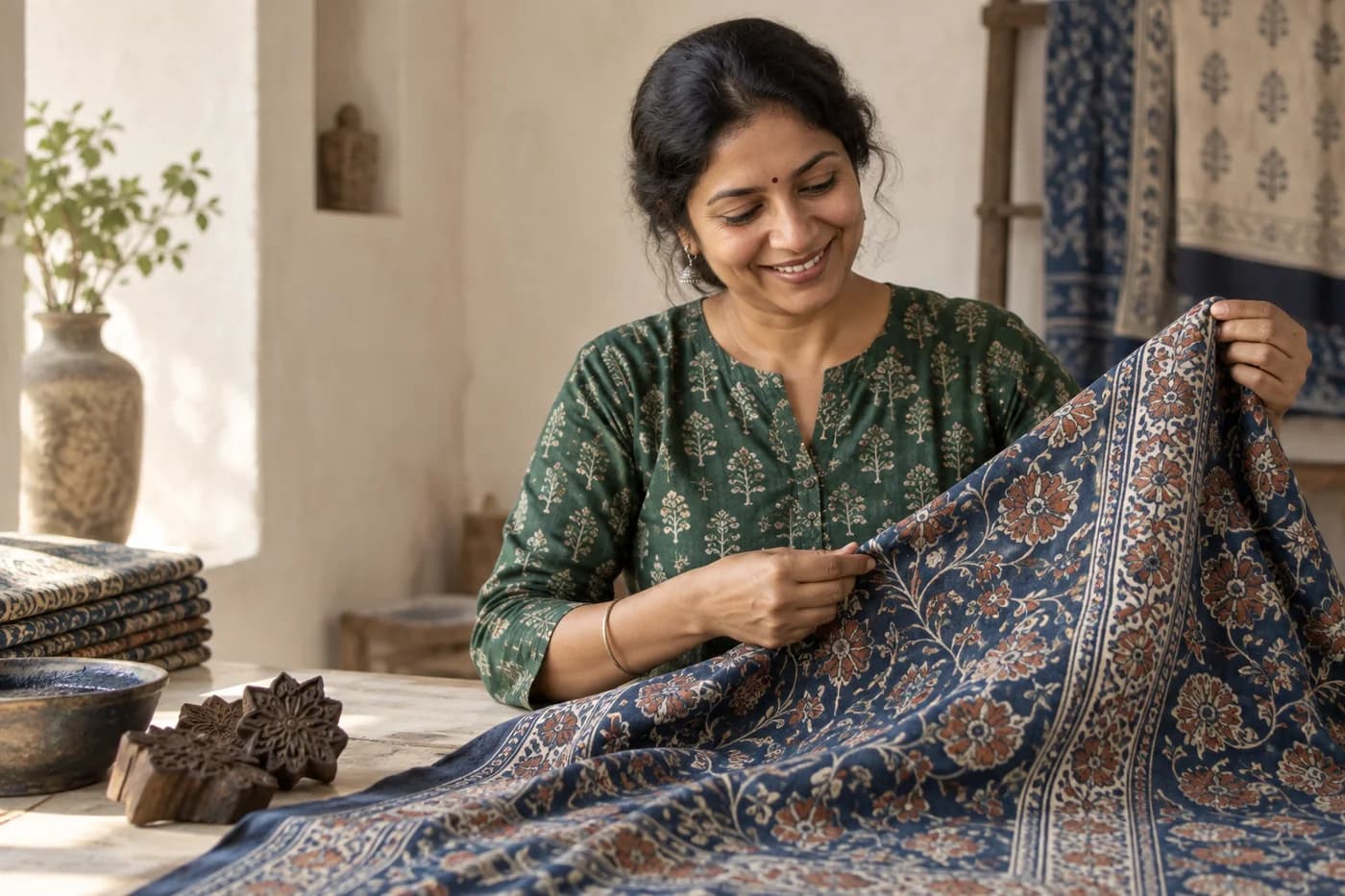 Illustration of an artisan working with patterned Indian textiles