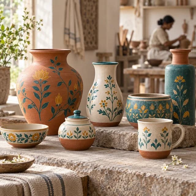 Hand-painted ceramic and terracotta vessels