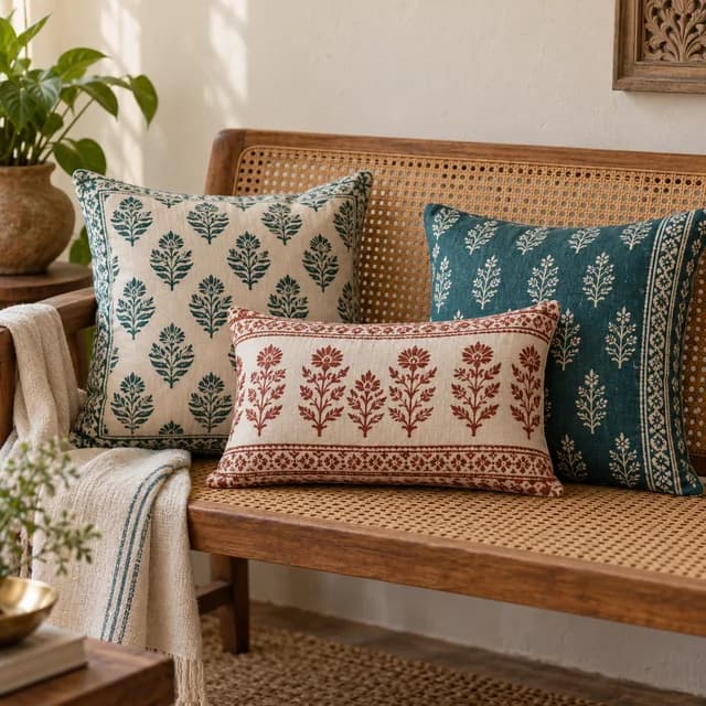 Block-printed cushions on a cane bench