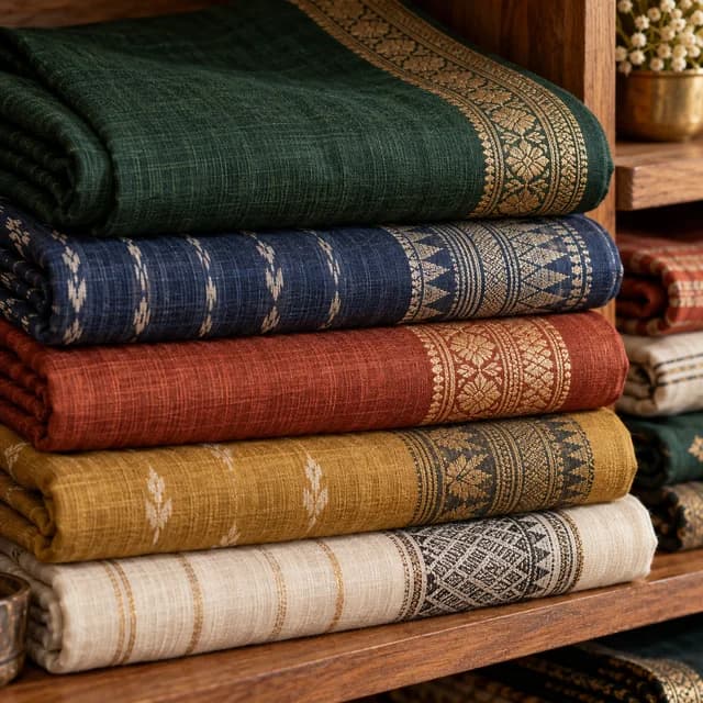 Richly patterned folded Indian textiles