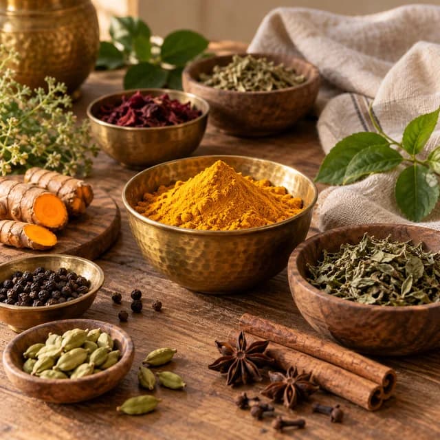 Bowls of natural spices and herbs